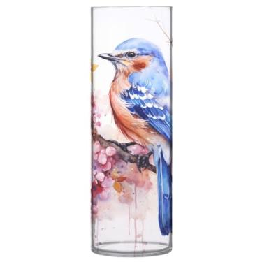 Imagem de CEBUGI Vaso de flor azul pássaro 10 cm x 30 cm Vaso cilíndrico para flores, vaso transparente inquebrável para decoração de casa de festa de casamento
