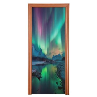 Imagem de Wassud Capa de porta grande para decoração de aurora boreal 96 x 98 polegadas, faixa elástica lavável ao ar livre para porta da frente da varanda