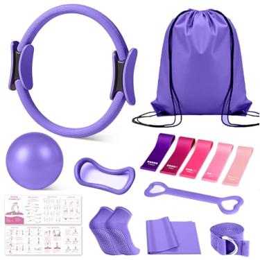 Imagem de Kit de pilates em casa para mulheres, conjunto de equipamentos essenciais de pilates com anel de Pilates e mini bola de 35,5 cm, 5 faixas de resistência e acessórios, tabelas tutoriais, conjunto de