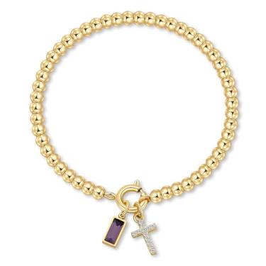 Imagem de Korotho Pulseira de pedra de nascimento cruzada para mulheres – Pulseiras elásticas delicadas banhadas a ouro 14 K, modernas, à prova d'água, não mancham, joias de aniversário, Natal, meias para mães