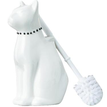 Imagem de Conjunto de suporte de escova de vaso sanitário de cerâmica para gatos, design de gato com escova de plástico durável, acessórios modernos de banheiro (branco)