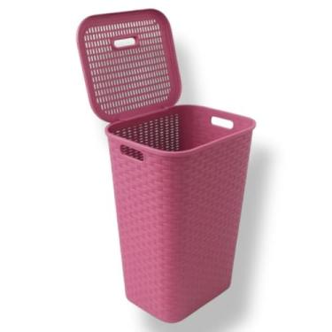Imagem de Cesto Para Roupa Suja brinquedo Rattan 72 Litros Retangular Com Tampa Resistente Lavanderia Quarto Sala(Cesto Rosa)