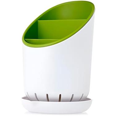 Imagem de Organizador de Talheres com Escorredor, Plástico Branco e Verde, 3 Compartimentos, Base com Furos para Drenagem, 11x18x14cm