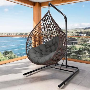 Imagem de Cadeira Balanço Ninho Suspenso Gota – Tramado com Suporte e Almofada Impermeável, Ideal para Varanda, Jardim e Sala de Estar (Tabaco/Cinza)