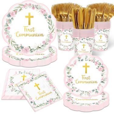 Imagem de Conjunto de pratos e guardanapos para festa de primeira comunhão (rosa)