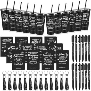 Imagem de Hollowfly Conjunto de 12 presentes cristãos espanhóis a granel para mulheres, presentes religiosos, copos com versículo bíblico, copos de plástico com canetas, cadernos e chaveiros de silicone para