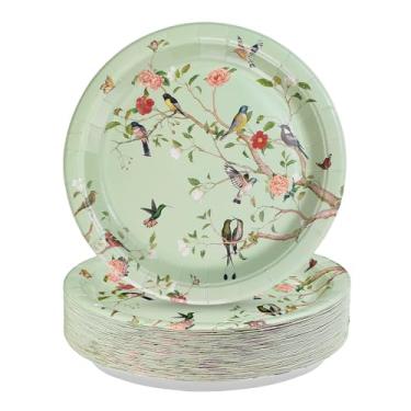 Imagem de 50 peças de pratos de papel vintage floral para pássaros, 25 cm, grande, resistente, descartável, flor, sobremesa, flores silvestres, pássaros, pratos de jantar para casamento, aniversário, chá de