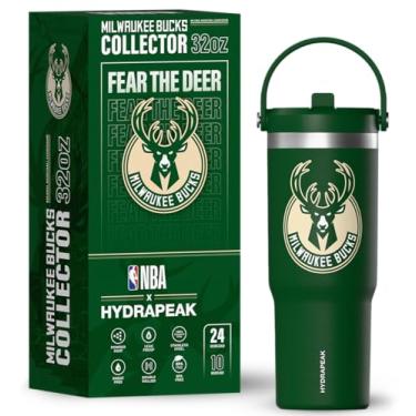 Imagem de Hydrapeak Copo de aço inoxidável Nomad Nomad oficialmente licenciado pela NBA Milwaukee Bucks 946 ml com alça e tampa de palha, garrafa de água à prova de vazamento em caixa de presente de