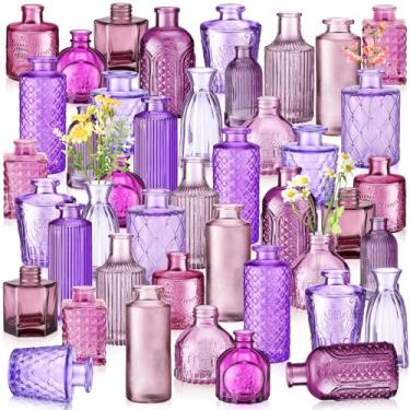 Imagem de Yaomiao 60 Vasos de vidro coloridos a granel flores bud garrafas de vidro colorido vintage colorido rústico em relevo para decoração de mesa de casamento em casa presentes (série rosa)