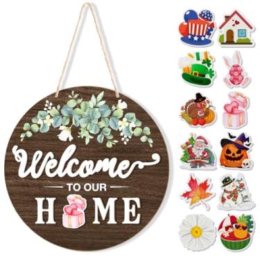Imagem de Placa de boas-vindas intercambiável, decoração de porta da frente, guirlandas de madeira redondas rústicas, decoração de varanda para pendurar na parede, bem-vindo à nossa casa, para primavera, verão