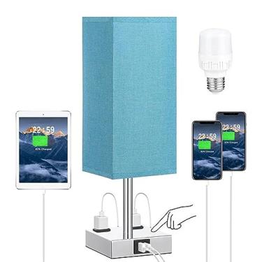 Imagem de Lâmpada de Mesa Cabeceira Tecido com LED Luz Branca Quente Controle 3 Níveis Reguláveis Portas Carregamento USB A Type-C 2 Tomadas Energia para Sala Estar Quarto Estudo Café Loja
