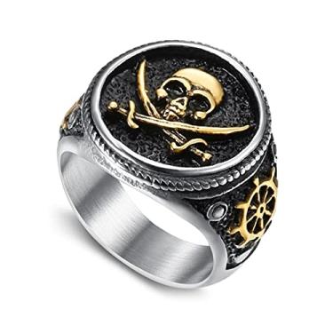Imagem de ARHTF Anéis de caveira de pirata de aço inoxidável para homens Jolly Roger joia gótica, Metal, Sem pedra preciosa
