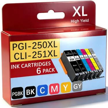 Imagem de Tinta PGI-250XL CLI-251XL compatível com cartuchos de tinta Canon 250 e 251 para impressoras PIXMA iP8720 MG6320 MG7120 MG7520 PGBK preto ciano magenta amarelo cinza/cinza, pacote com 6 cartuchos de