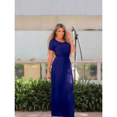 Imagem de Vestido Longo Feminino Estampado Com Manguinha E Bolso! Cor:AzulTamanh