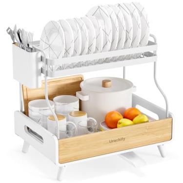 Imagem de Urackify Escorredor de louça de 2 níveis – Escorredor de pratos de grande capacidade com aço inoxidável e bambu, escorredores de pratos para balcão de cozinha, escorredor de cozinha com suporte de