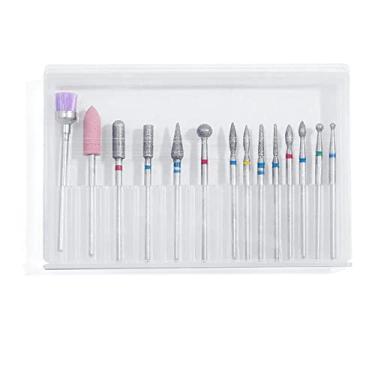 Imagem de Conjunto de 14 pontas furadeira unha diamante para lixamento polimento remoção unhas acrílico cutícula e ferramenta pedicure com estojo plástico armazenamento