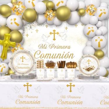 Imagem de AIBIIN 281 Peças Decorações De Primeira Comunhão Batismo Inclui Pratos, Copo, Guardanapo, Toalha Mesa, Balões Temáticos Branco E Dourado, Utensílios Mesa Descartáveis Para Servir 24 Convidados