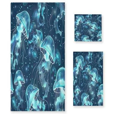 Imagem de xigua Conjunto de toalhas de banheiro de água-viva brilhante absorvente macio 3 peças toalha de banho toalha de mão toalhas decorativas para banheiro, academia, hotel, praia, piscina