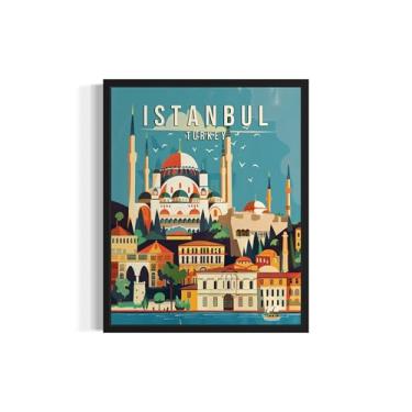 Imagem de Pôster de impressão de arte de Istambul Turquia, pintura de arte do horizonte da cidade da Europa, pintura vintage para quarto, banheiro, sala de estar, decoração 54 (Istambul Turquia, 28 x 35,5 cm