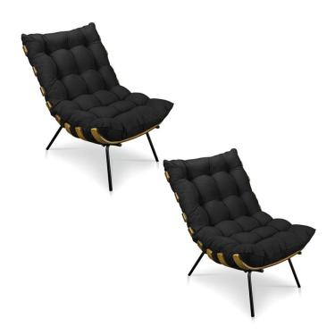 Imagem de Kit 2 Poltronas Costela Suede Preto Base Metálica Pallazio