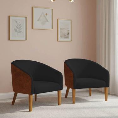 Imagem de Poltrona Sala Decorativa Kit 2 Stella Pé Madeira Trapézio Castanho Sintético Pu Nozes-bouclê Preto D03 - D'rossi