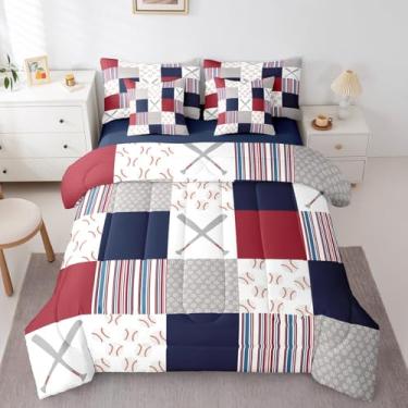 Imagem de Feelyou Jogo de edredom de beisebol com 7 peças, para amantes de beisebol, para decoração de quarto, branco, azul marinho