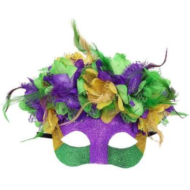 Imagem de Máscara emplumada Mardi Gras Glitter em PVC com flores para adultos - 