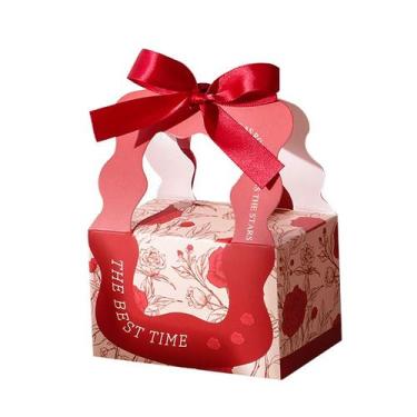Imagem de Caixa de presente com design floral vermelho pequeno com alça de fita 
