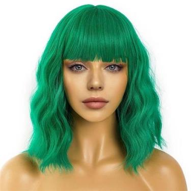 Imagem de Peruca de cosplay curta verde encaracolada com franja de 35 cm para ad
