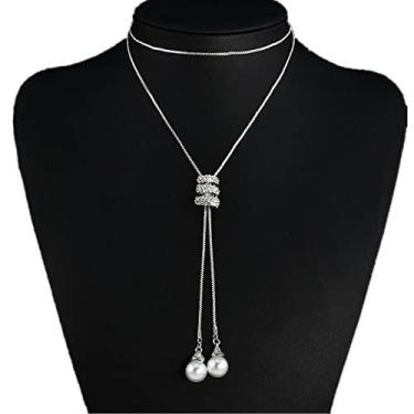 Imagem de Colar Yaozeio, pingente longo de pérolas, prateado, strass, feminino