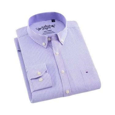 Imagem de Camisa Casual Masculina De Algodão Oxford Listrada De Manga Longa Com 