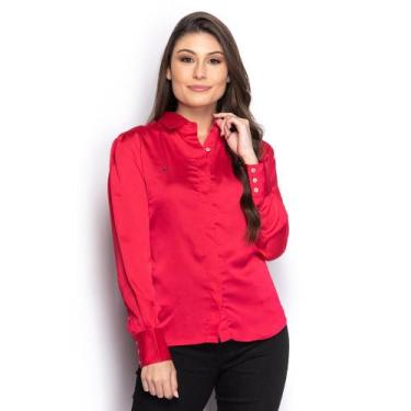 Imagem de Camisa Feminina Social Cetim Gloss Manga Longa Casual Preto GG - Teodo