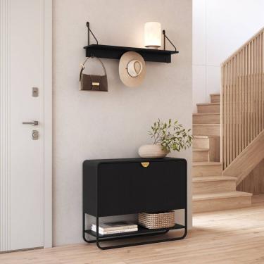 Imagem de Conjunto Sapateira 1 Porta e Prateleira Bp Orgânico Pé Metal Luna Nero/Preto