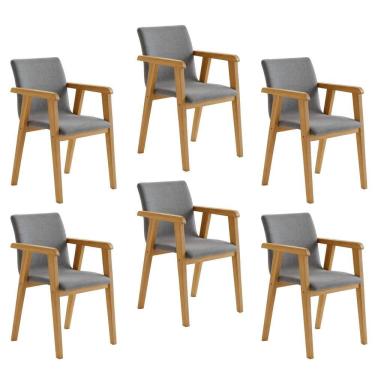 Imagem de Kit 6 Cadeiras com Braço para Sala de Jantar Pés Madeira Maciça Flora Cinamomo/ Prata