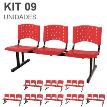 Imagem de Kit 09 Cadeiras longarinas PLÁSTICAS 03 Lugares - Cor VERMELHO - REALP