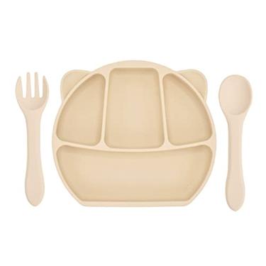 Imagem de burko Placas de sucção de silicone para bebês com alimentação automática Placa de sucção para bebês com colher e garfo de silicone BPA Free Design dividido para lava-louças e micro-ondas