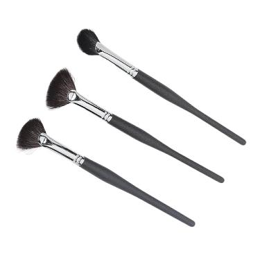 Imagem de 3 pincéis iluminadores, kit de pincéis de maquiagem para rosto macio, em forma de leque de cabelo, detalhes faciais, conjunto de pincéis de maquiagem para contorno de bochecha e nariz