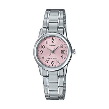 Imagem de Casio Relógio feminino #LTP-V002D-4B com mostrador rosa de aço inoxidável padrão, rosa, 31×25×9.2mm, Movimento de quartzo