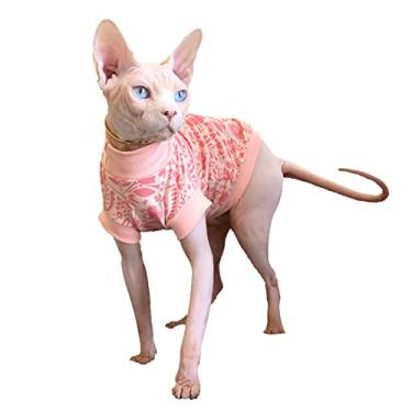 Imagem de Sphynx Roupas de verão para gatos camisetas de algodão com estampa de camuflagem sem mangas macio respirável colete colete gatinho camisas para Sphynx (GG (4,4-5,4 kg), estampa rosa)