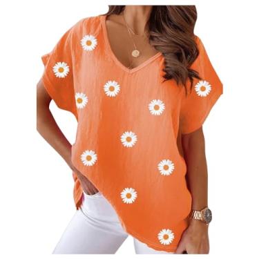 Imagem de Milumia Camiseta feminina com estampa floral meia manga gola V solta casual verão, Laranja, G