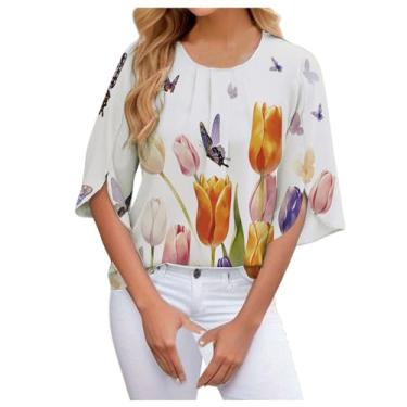 Imagem de Lainuyoah Blusas soltas de verão para mulheres 2024 estampadas Y2K plus size elegantes blusas de férias floral boho gola redonda, B - laranja, P