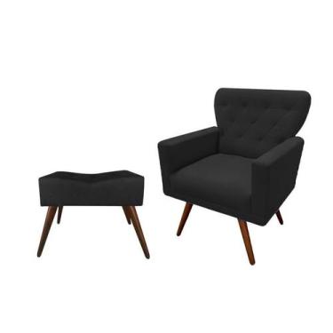 Imagem de Kit Poltrona Decorativa Aurora + 1 Puff Retangular Suede Preto Pés Mad