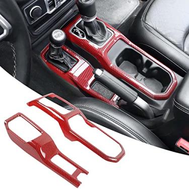 Imagem de RT-TCZ Capa de acabamento do painel de câmbio de engrenagem do console central 4WD quatro rodas Drive Cup Holder Panel Trim Cover Decoração Acessórios interiores para Jeep Wrangler JL JLU e Gladiador JT 2018-2022, fibra de carbono vermelha