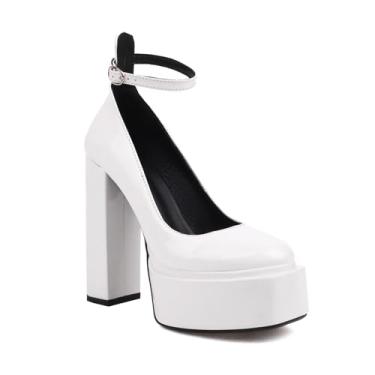 Imagem de Rock88 Salto de plataforma alta feminino, salto redondo com alça de fivela ajustável, salto grosso para dança e festa, branco, 37