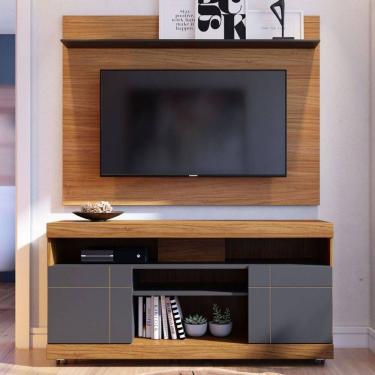 Imagem de Rack com Painel para TV Até 55 Polegadas Bello 2 Portas Noce Milano/Preto Fosco - Pnr Móveis