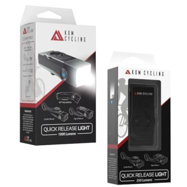 Imagem de Pacote de luz frontal de bicicleta de liberação rápida de 1000 e 350 lúmens da KOM Cycling – Projetado para suportes Wahoo e Garmin, 6 modos, montagem superior ou inferior, dobradiça de 30 graus