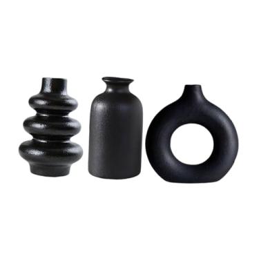 Imagem de WeiLaiKeQi Vaso de cerâmica boho com 3 peças, arranjos florais, vaso de flores moderno, de plantas para sala de estar, mesa, quarto de fazenda, Preto