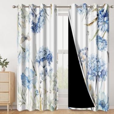 Imagem de AWERT Cortinas blackout com estampa floral, flores azuis, hortênsia, borboletas, tratamentos românticos de janela para quarto, sala de estar, isolamento térmico, conjunto de 2 painéis, cada tamanho
