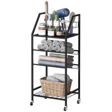 Imagem de Tuenort Organizador de ferramentas de cabelo, prateleira de armazenamento de banheiro, prateleira de banheiro de 4 camadas com para toalha, artigos de higiene pessoal, suporte de chão autônomo plano