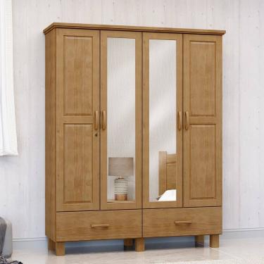 Imagem de Guarda Roupa Roupeiro 4 Portas 2 Gavetas com Espelho Linha Bronze em Madeira Maciça 1142FN Freijó Finestra